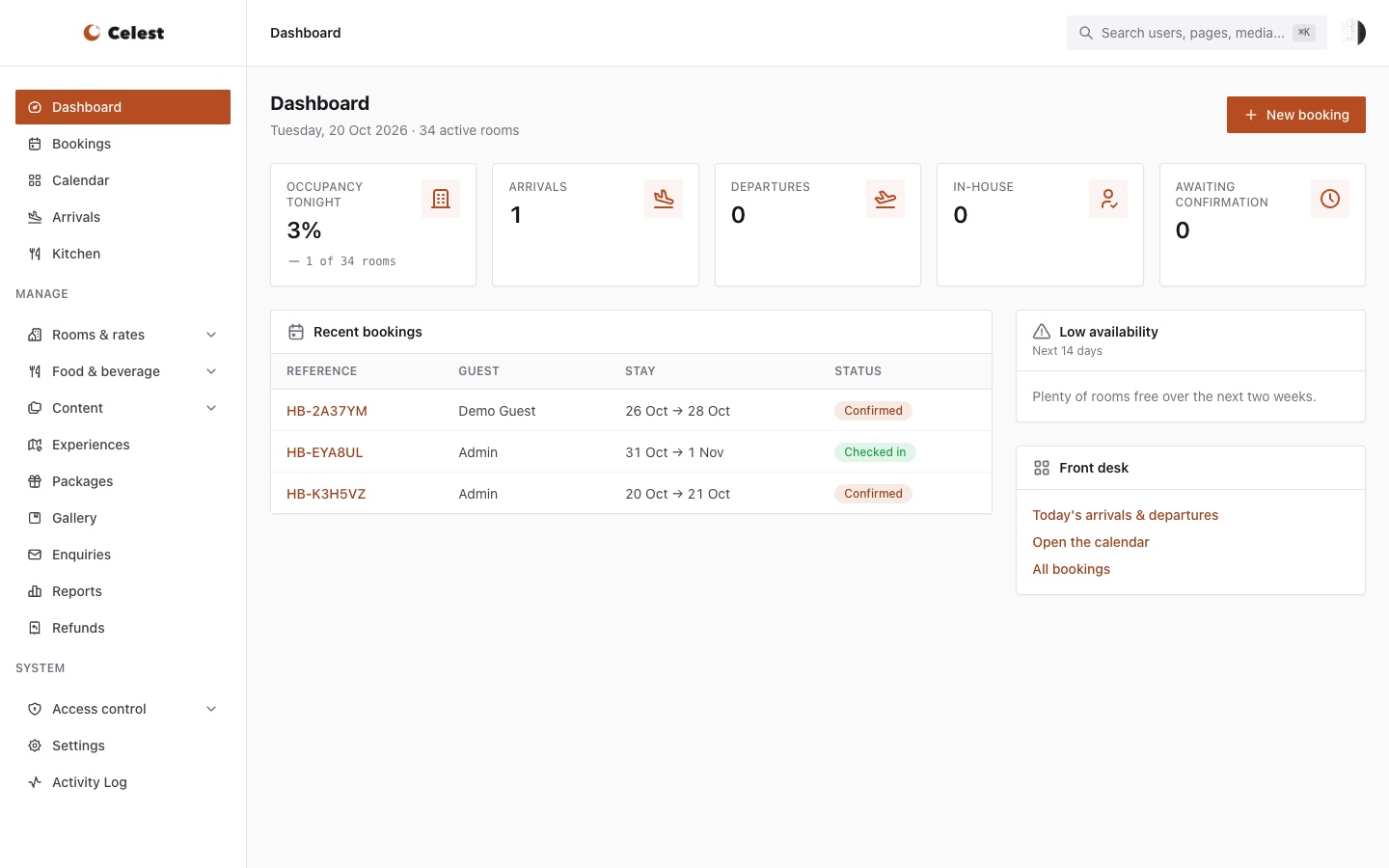 Celest admin — booking dashboard with occupancy and arrivals