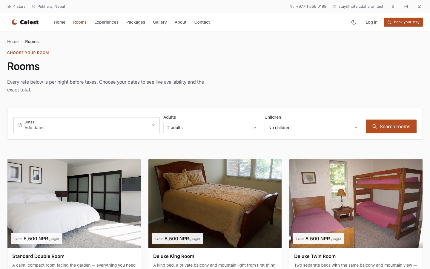 Celest guest site — rooms listing with nightly rates